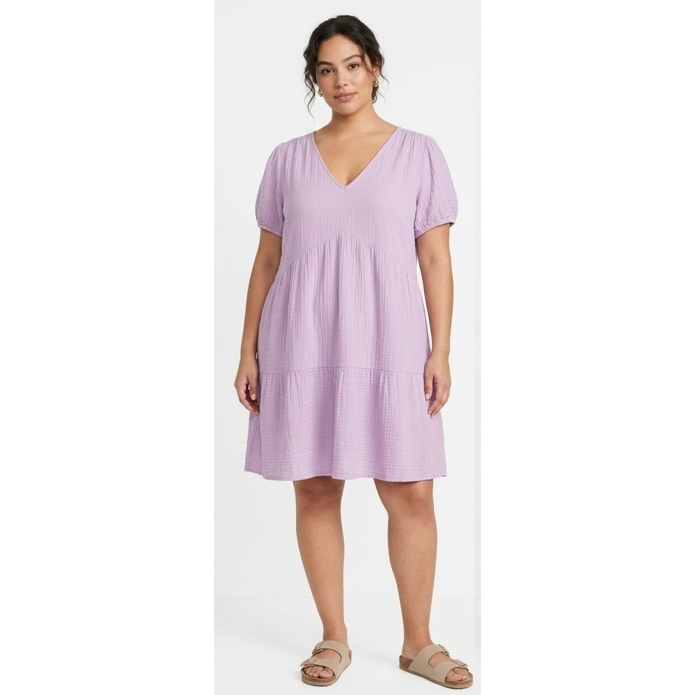 Express Womens XL Lavender Cotton Gauze Tiered V-Neck Mini Dress Puff Sleeve